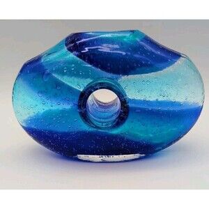 Pier 1 Imports Cobalt Blue Glass Blown Donut Hole Oval Vase Round Top Opening